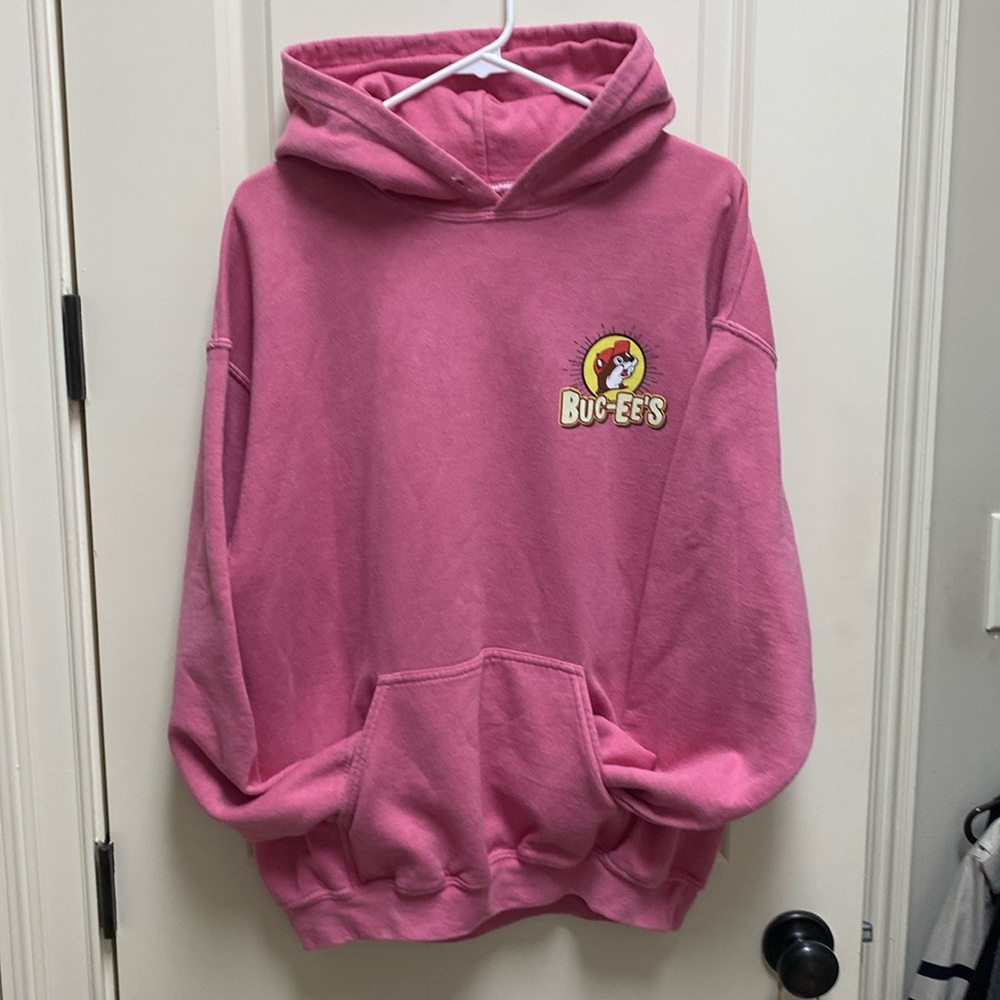 Buc-Ee’s pink “Happy Camper” hoodie sweatshirt, Large